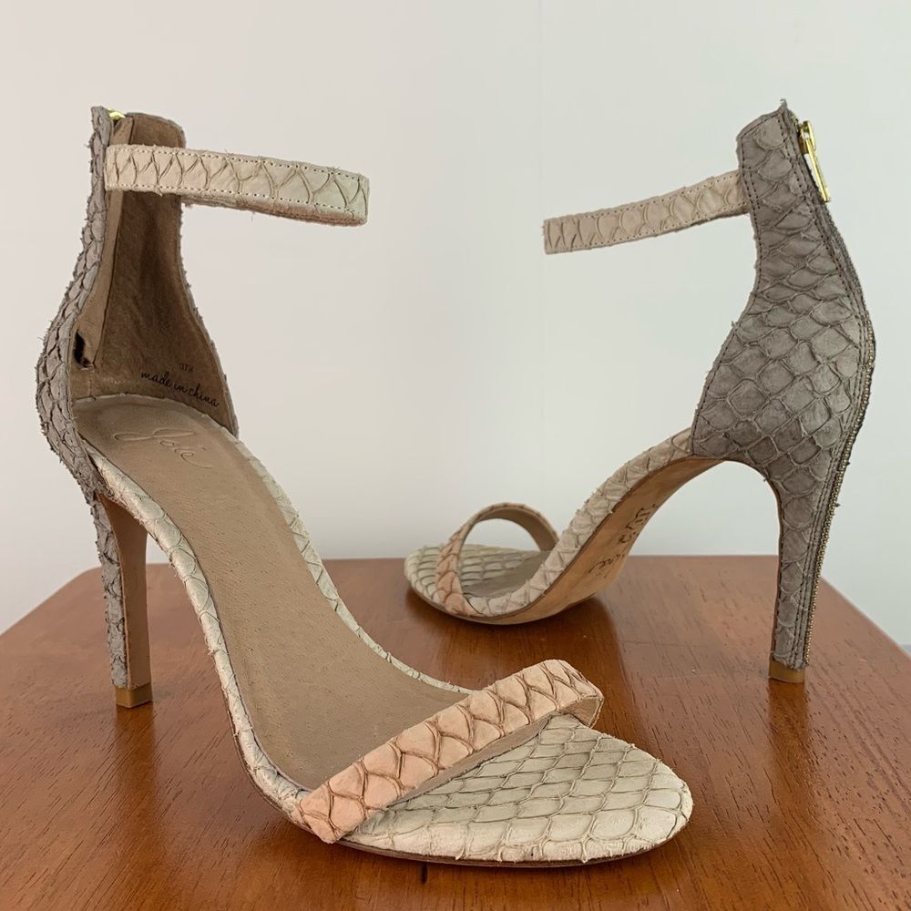 Joie women’s leather Abbott Fish-Skin Sandal 37.5 clay/dove/parchment heels